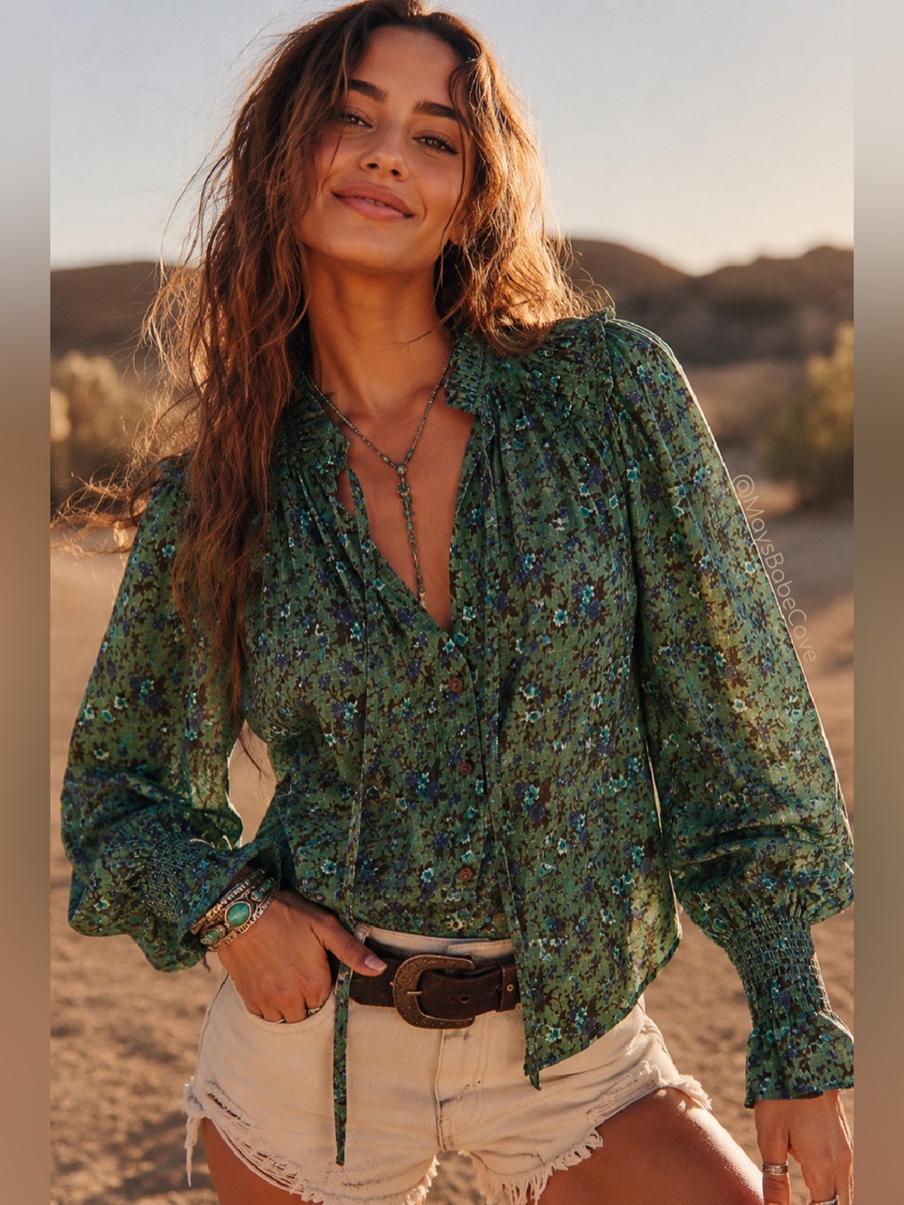 Free People Green Floral Long-Sleeve Peasant Blouse